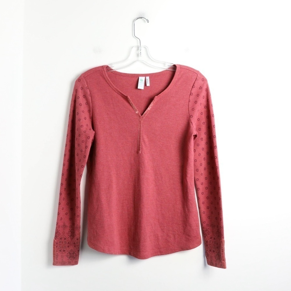 Aventura Henley Top Dry Rose Muted Red Thermal Organic Cotton waffle knit XS